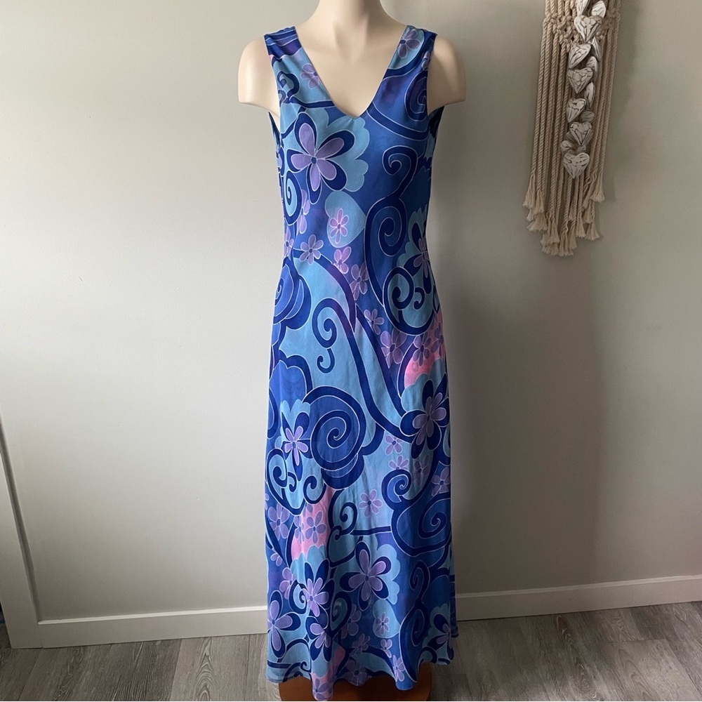 90s Reversible Vintage Maxi Dress With Scarf Psychedelic Swirl Print Patchwork